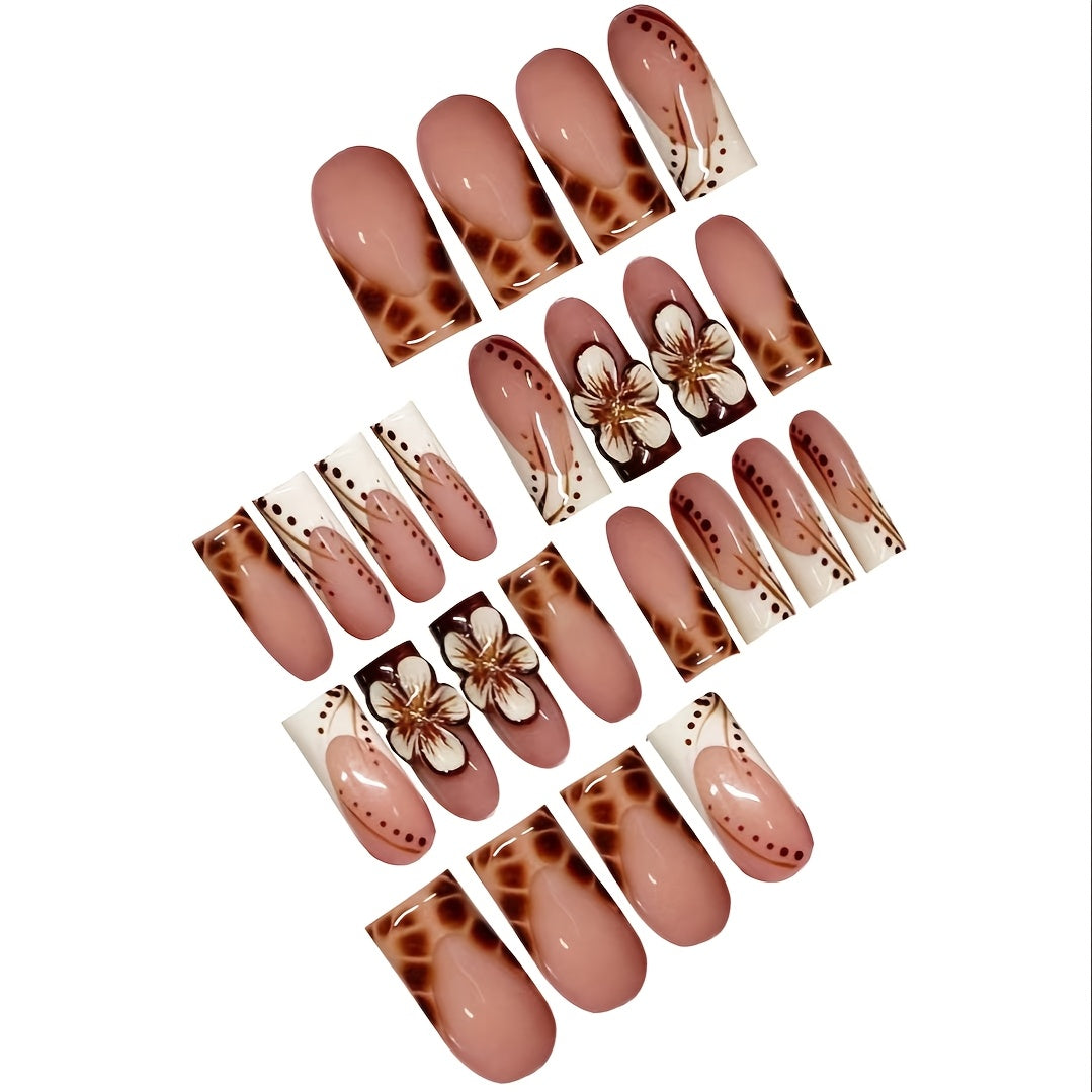 24pcs Press On Nails Set, Full Cover Medium Length, Leopard Print & Colorblock Design, Glossy Finish, with 3D Floral Accents, Includes Nail File and Jelly Glue